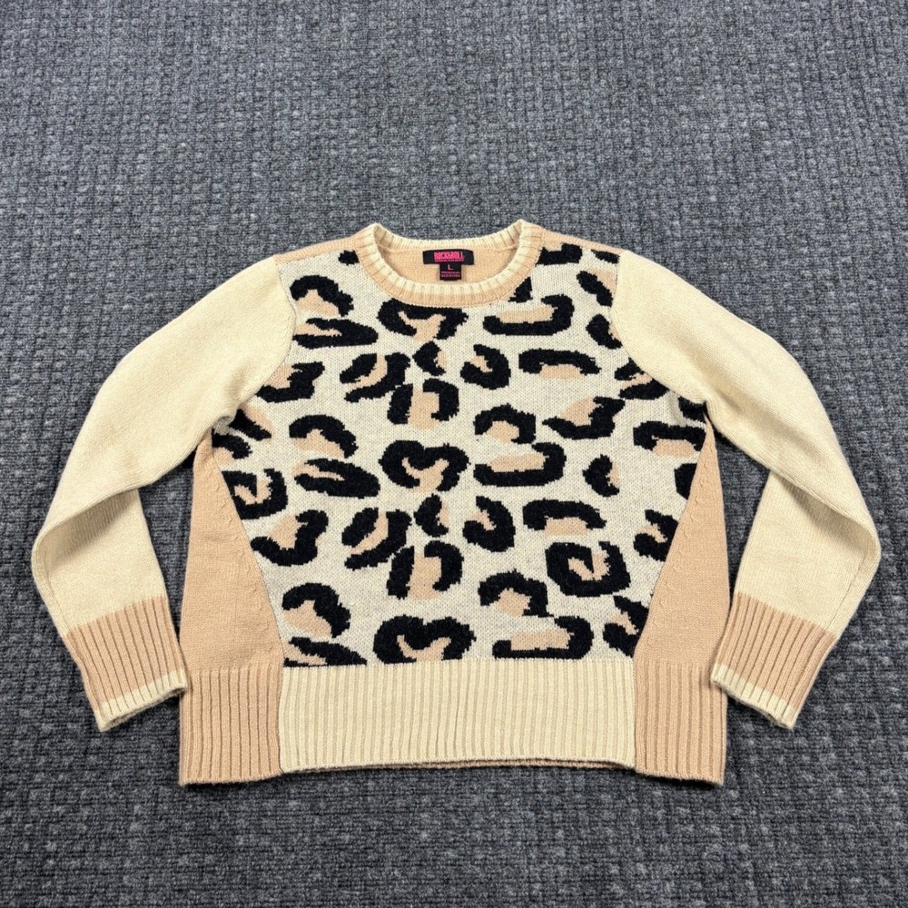 Rock & Roll Denim Leopard Print Crewneck Sweater L Tan Cream Knit Pullover